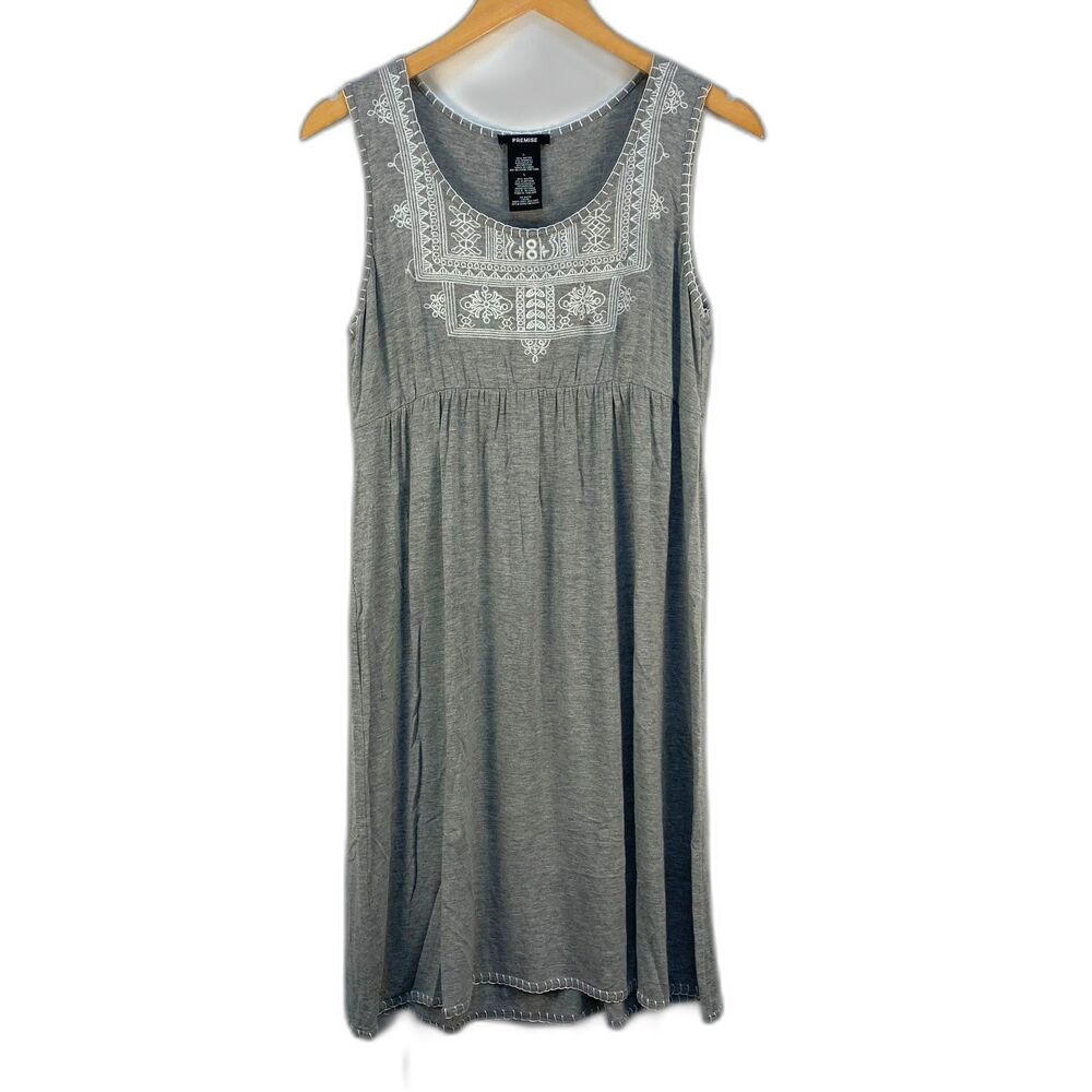 Premise Embroidered Sleeveless T-Shirt Tank Dress Knee Length Scoop Neck Large‎